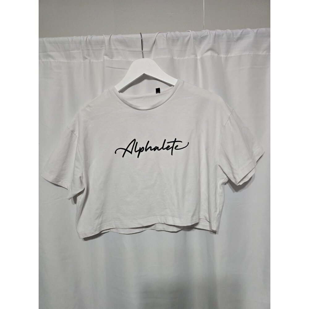 Alphalete Cropped Signature Logo Tee, White, Size Medium, Activewear.